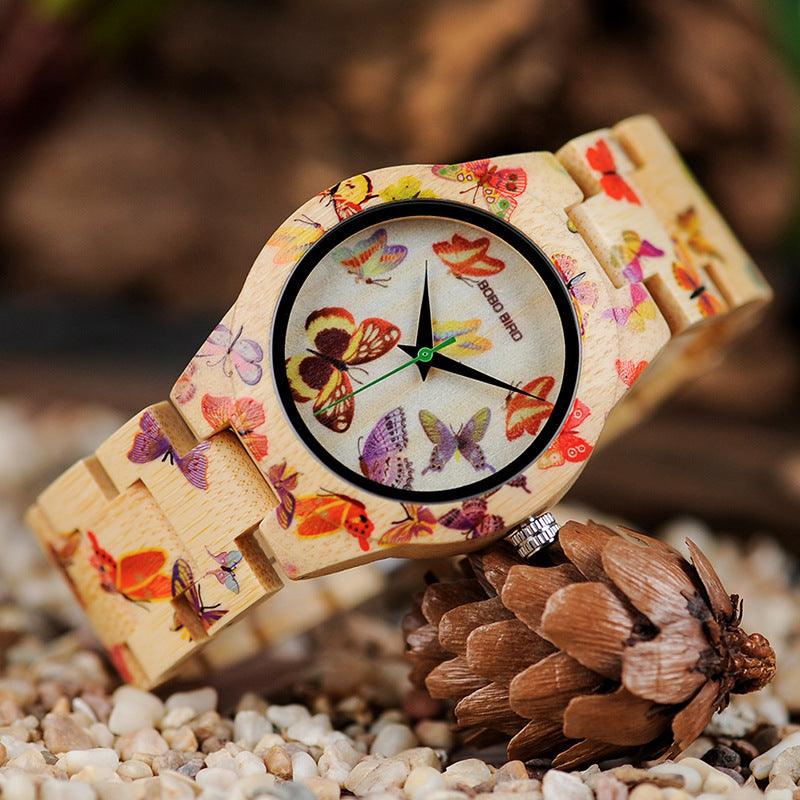 BOBO BIRD O20 Relojes de mujer con estampado de mariposas Reloj de pulsera de cuarzo hecho de bambú para damas en caja de regalo de madera