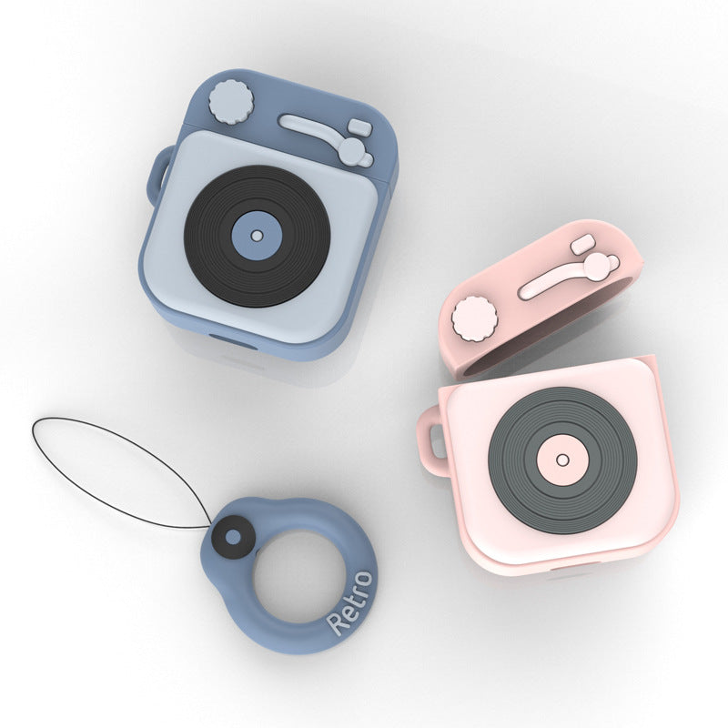 Funda de silicona para auriculares Bluetooth inalámbricos con gramófono retro de dibujos animados