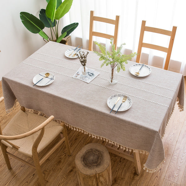 Striped Fabric Dining Room Cotton Linen Embroidered Tassel Tablecloth