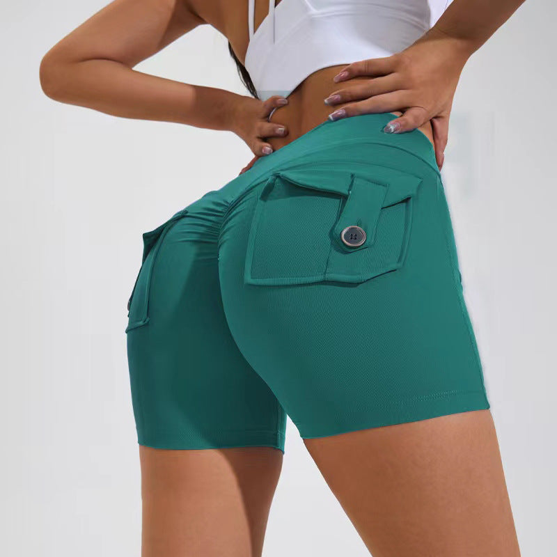 Pantalones cortos de cintura alta para levantamiento de cadera con bolsillos, pantalones deportivos de secado rápido para Yoga, Fitness, ropa de verano para mujer