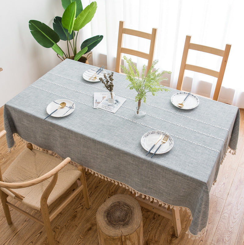 Striped Fabric Dining Room Cotton Linen Embroidered Tassel Tablecloth