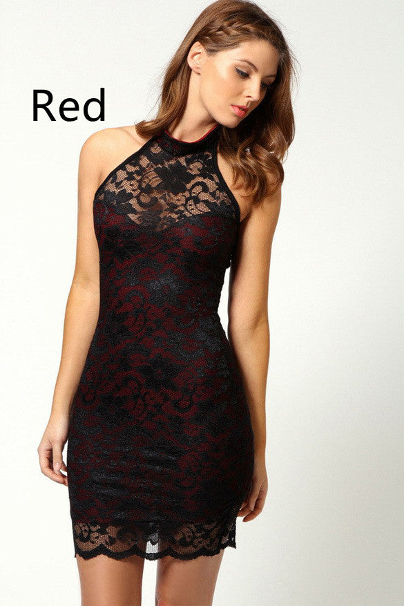 Women's Fashion Sleeveless Halter Lace Sheath Dress