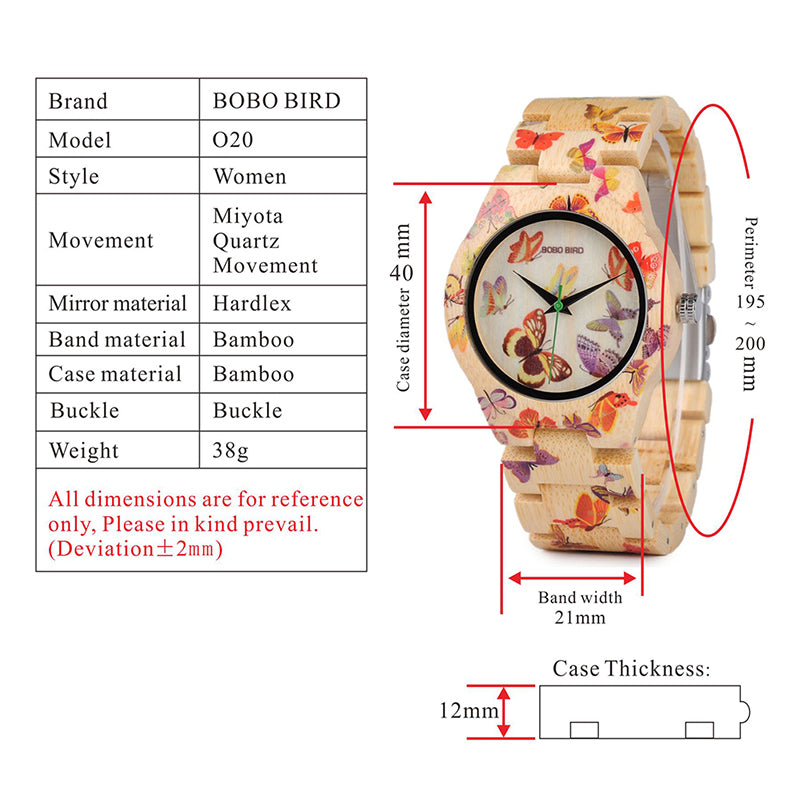 BOBO BIRD O20 Butterfly Print Montres pour femmes Montre-bracelet à quartz en bambou pour dames dans une boîte cadeau en bois