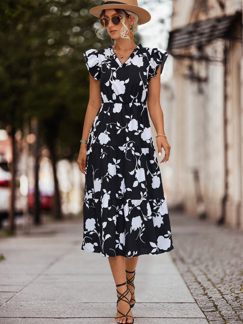 Women's V-neck Printed Flying Sleeves Dress