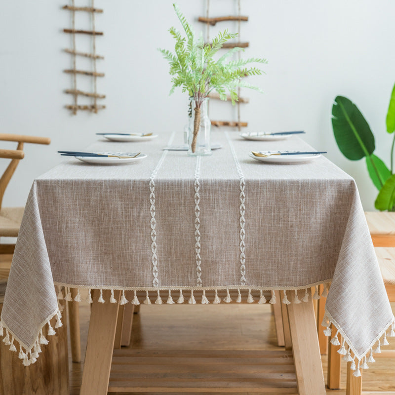 Nappe à pompon brodée en lin de coton de salle à manger en tissu rayé