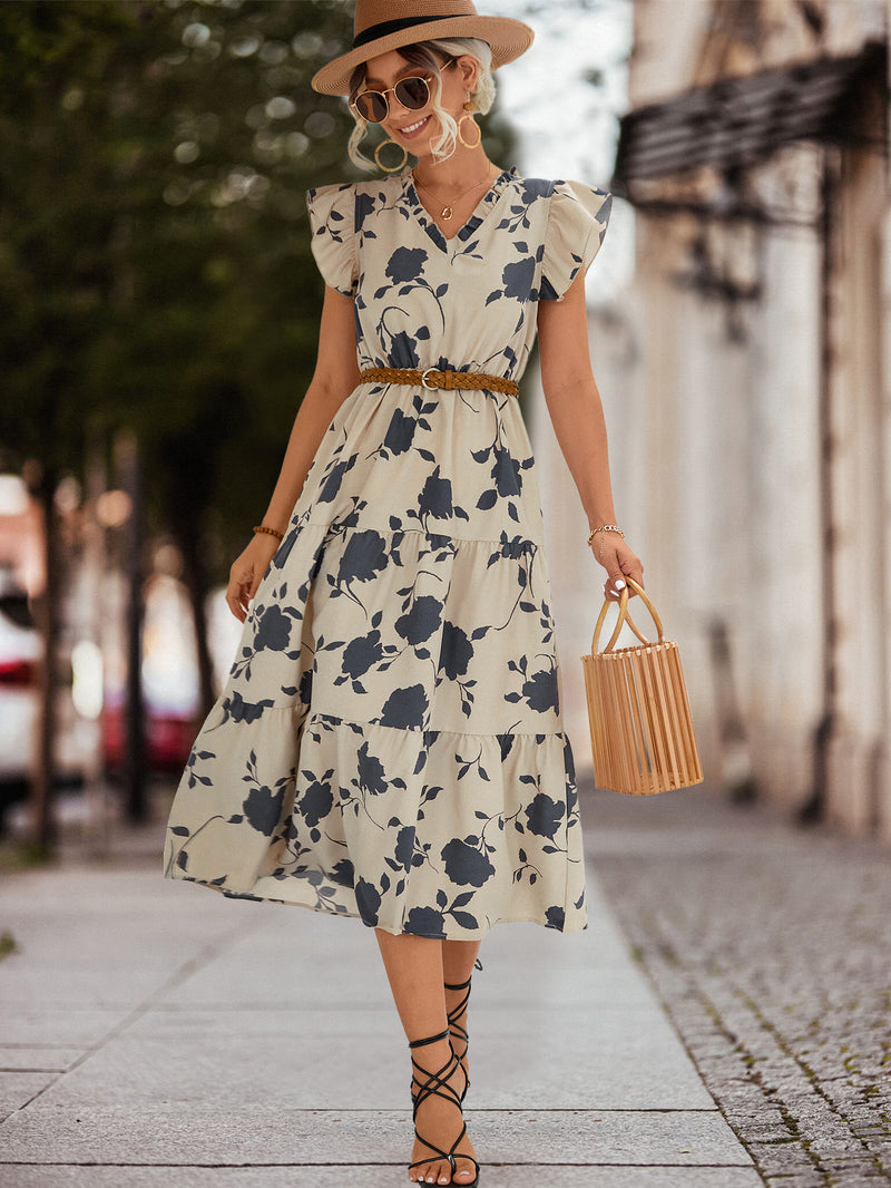 Vestido de mujer con cuello en V y mangas voladoras estampadas