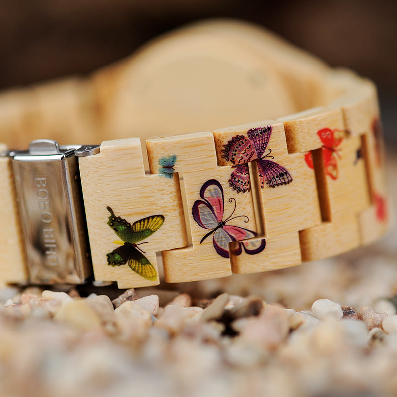 BOBO BIRD O20 Butterfly Print Montres pour femmes Montre-bracelet à quartz en bambou pour dames dans une boîte cadeau en bois