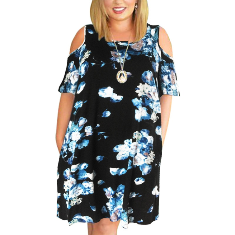 Printed Plus Size Dress Loose Round Neck Strapless Women's Clothing