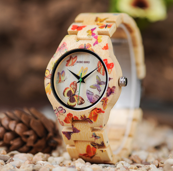 BOBO BIRD O20 Relojes de mujer con estampado de mariposas Reloj de pulsera de cuarzo hecho de bambú para damas en caja de regalo de madera