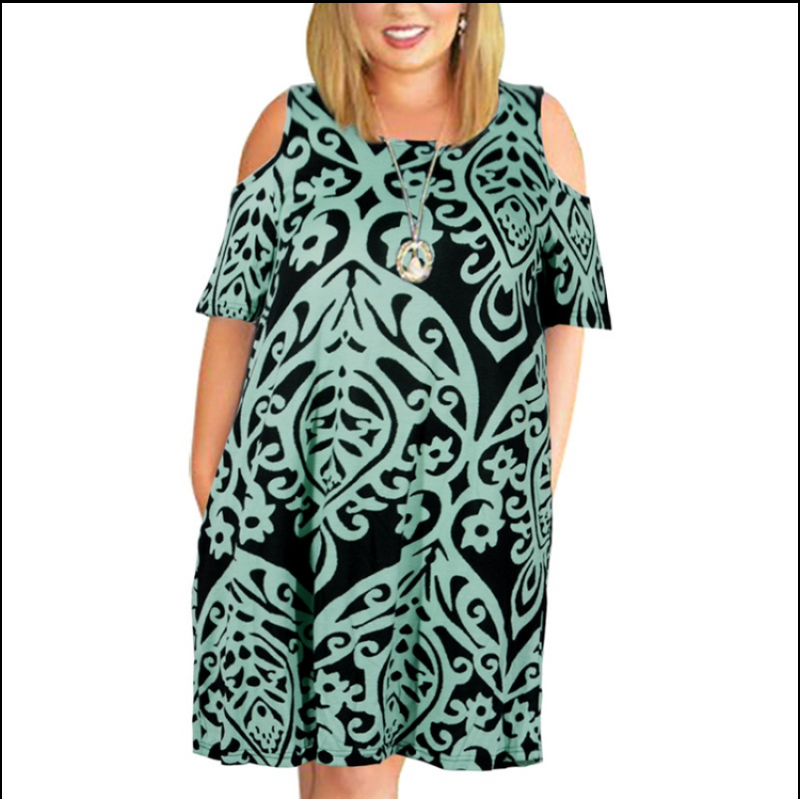 Printed Plus Size Dress Loose Round Neck Strapless Women's Clothing