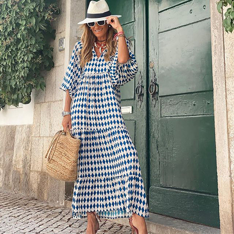 Automne nouvelle robe à manches bouffantes à collage géométrique grande taille vêtements pour femmes