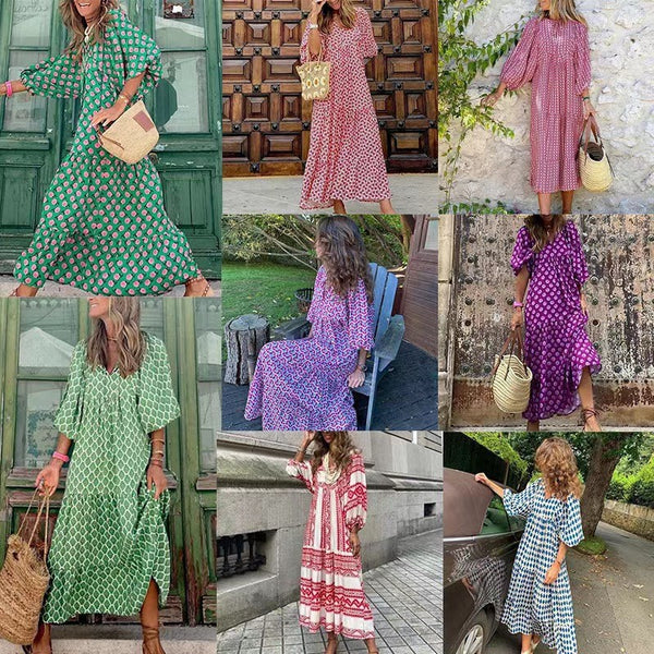 Autumn New Geometric Collage Puff Sleeve Dress Plus Size Women's Clothing