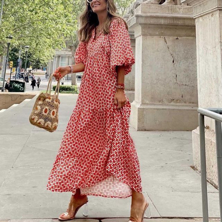 Vestido de manga abullonada con collage geométrico nuevo de otoño Ropa de mujer de talla grande