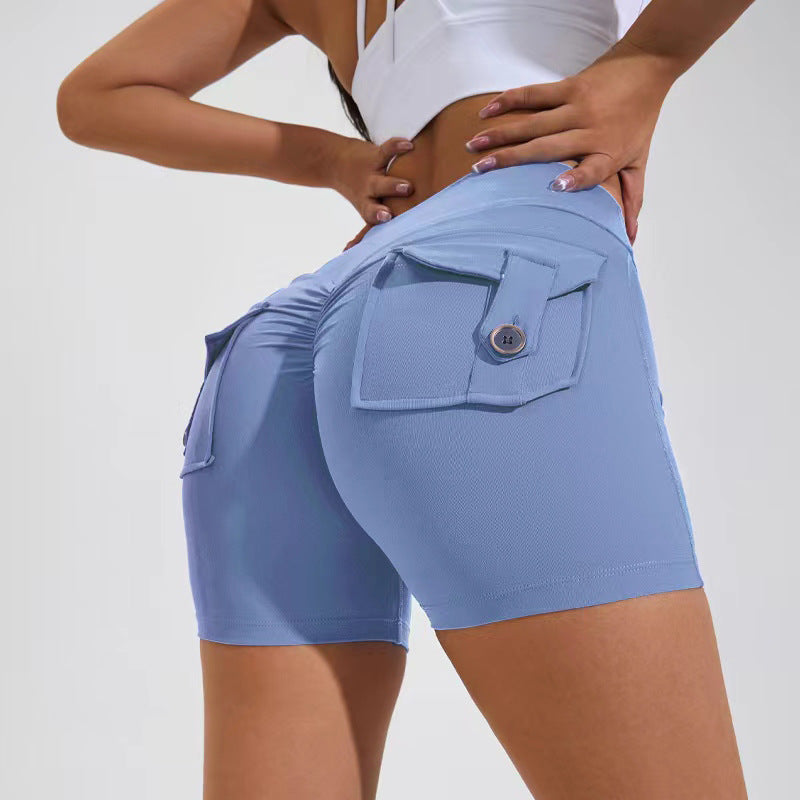 Pantalones cortos de cintura alta para levantamiento de cadera con bolsillos, pantalones deportivos de secado rápido para Yoga, Fitness, ropa de verano para mujer