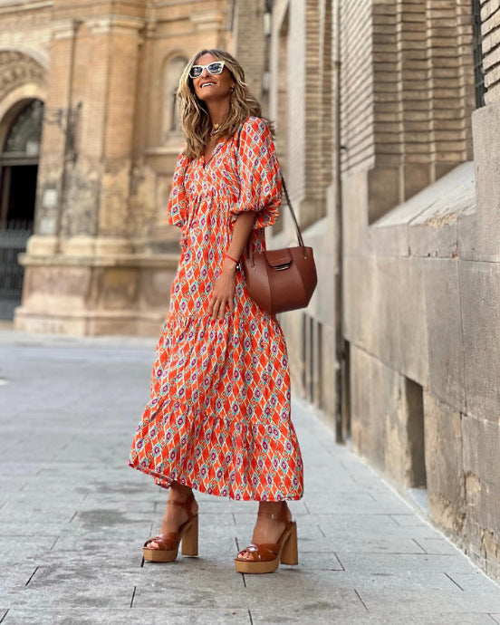 Vestido de manga abullonada con collage geométrico nuevo de otoño Ropa de mujer de talla grande